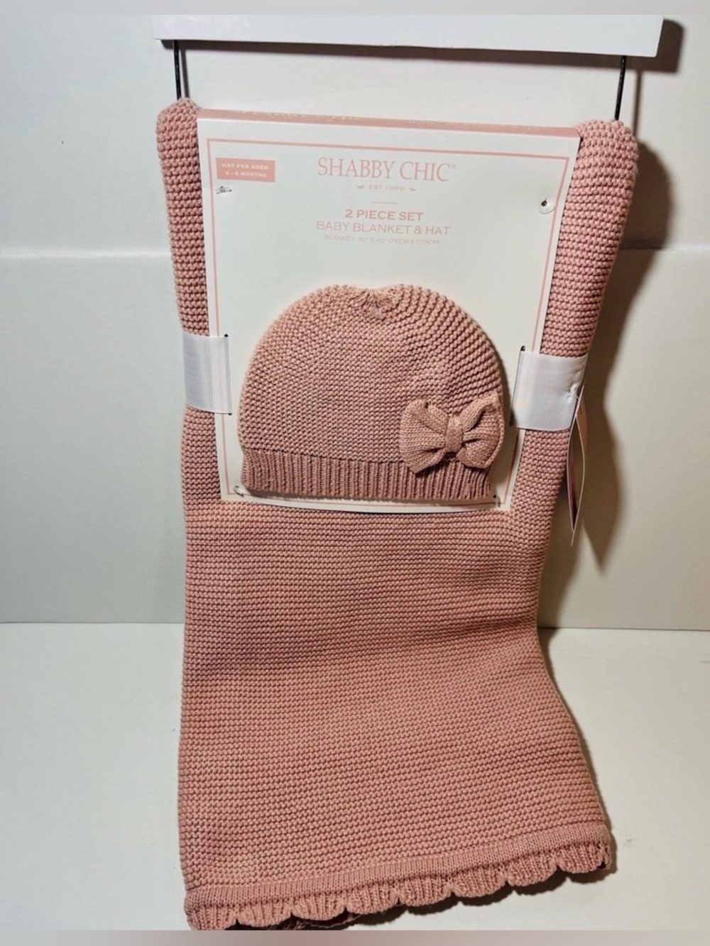 Shabby Chic 2 Piece Pink Baby Blanket 30" x 40" and Hat with Bow Set 0-6 Months
